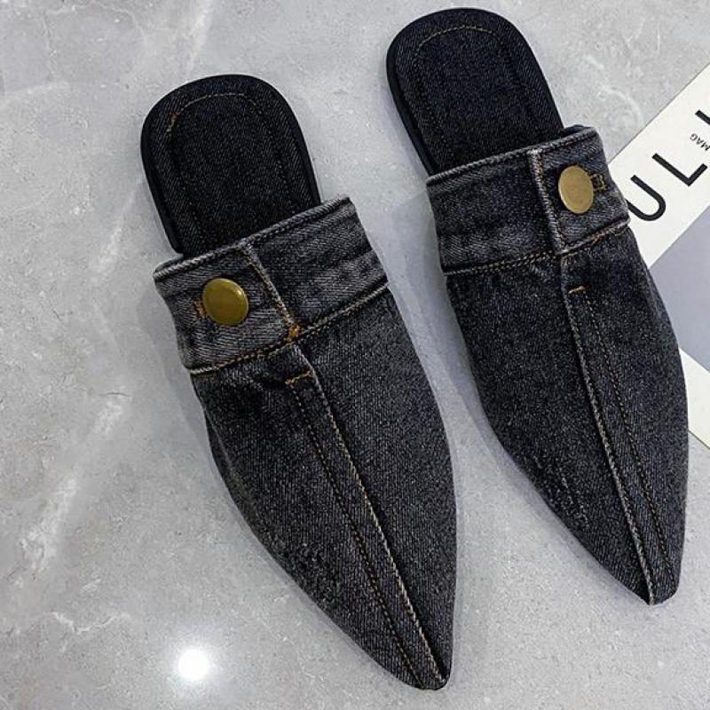 2022 Blue Denim Slippers Pointed Toe Outdoor Slides Mules Slip On Flats Simple Women Shoes Zapatillas Mujer Ytmtloy Indoor 1 - Taylor K Shop