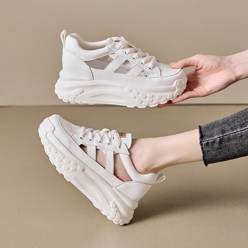2023 Fashion Genuine Leather Hollow Comfy High Brand Breathable Shoes Chunky Sneaker Spring Summer Platform Women Wedge Shoes - Taylor K Shop