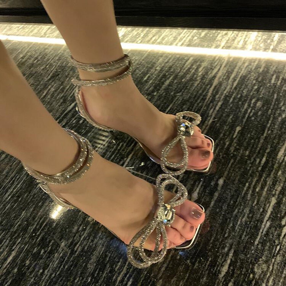 Ankle Strap Stiletto Rhinestone Bow Transparent Shoes - Taylor K Shop