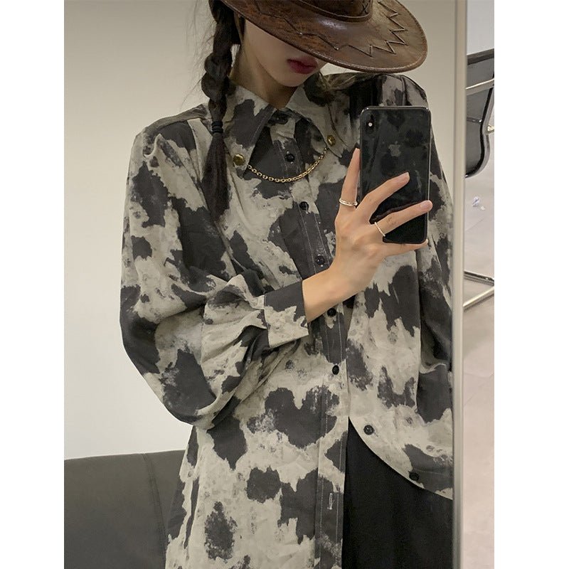 Blouse Long Sleeve Black Gray Color Block Leopard Shirt Button Up Chain Top Single - Breasted Womens Blouses Loose - Taylor K Shop
