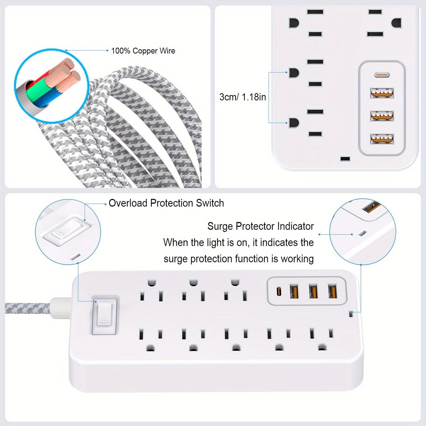 Compact Surge Protector 8 AC 3 USB 1 TypeC Ports - Taylor K Shop