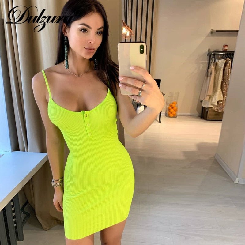 Dulzura ribbed knitted neon women mini dress sexy solid bodycon 2020 summer festival streetwear clothes party elegant clothing - Taylor K Shop