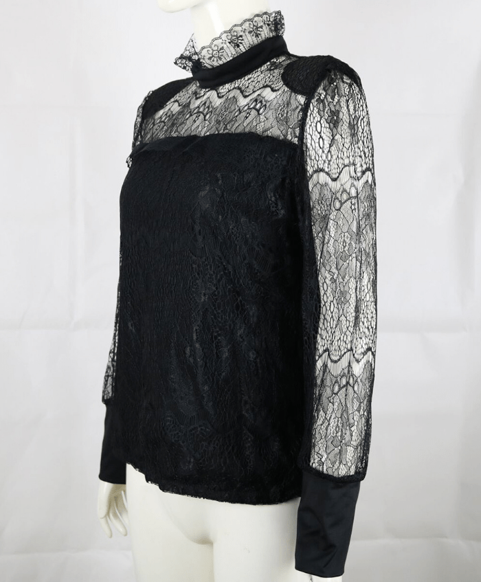 Fashion Casual Women's Ladies Blouses Long Sleeves Sheer Tops Floral Lace Blouse Shirt Top Blouse Black Clothing Turtleneck - Taylor K Shop
