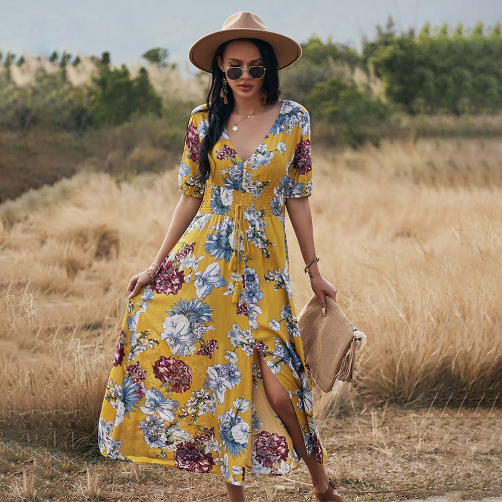 Floral Summer Beach Dress With V Neck Elastic Waist Dresses For Women - Taylor K Shop