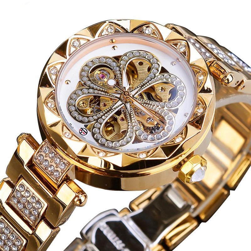 Forsining Mechanical Automatic Ladies Watches Top Brand Luxury Rhinestone Female Wrist Watches Rose Gold Stainless Steel Clock - Taylor K Shop