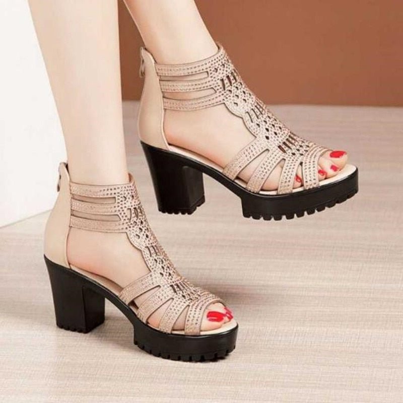 High Heels Gladiator Sandals Woman Open Head Sexy Black Rivet Block Heel Platform Shoes Summer Back Zip - Taylor K Shop