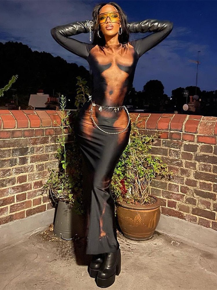 Kliou Y2K 3D Body Print Maxi Dress Women Aesthetic Long Sleeve Unique Sexy Body - Shaping Attirewear Robe Party Clubwear Clothing - Taylor K Shop