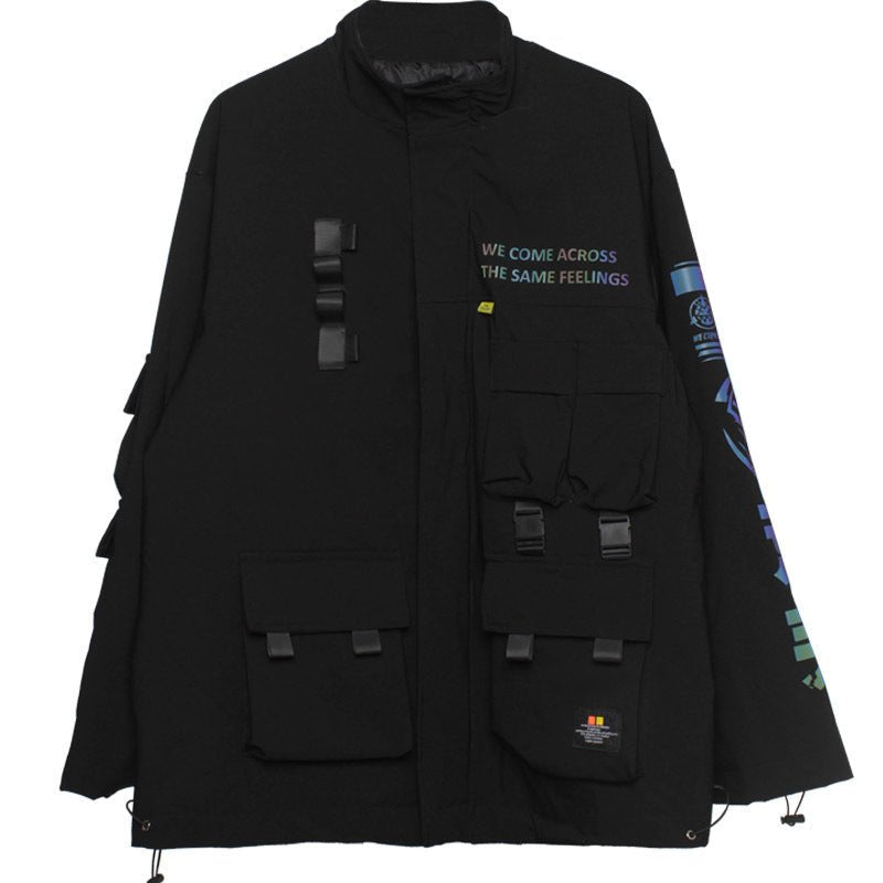 Mens Hooded Dark Functional Wind Letter Reflective Top Coat - Taylor K Shop