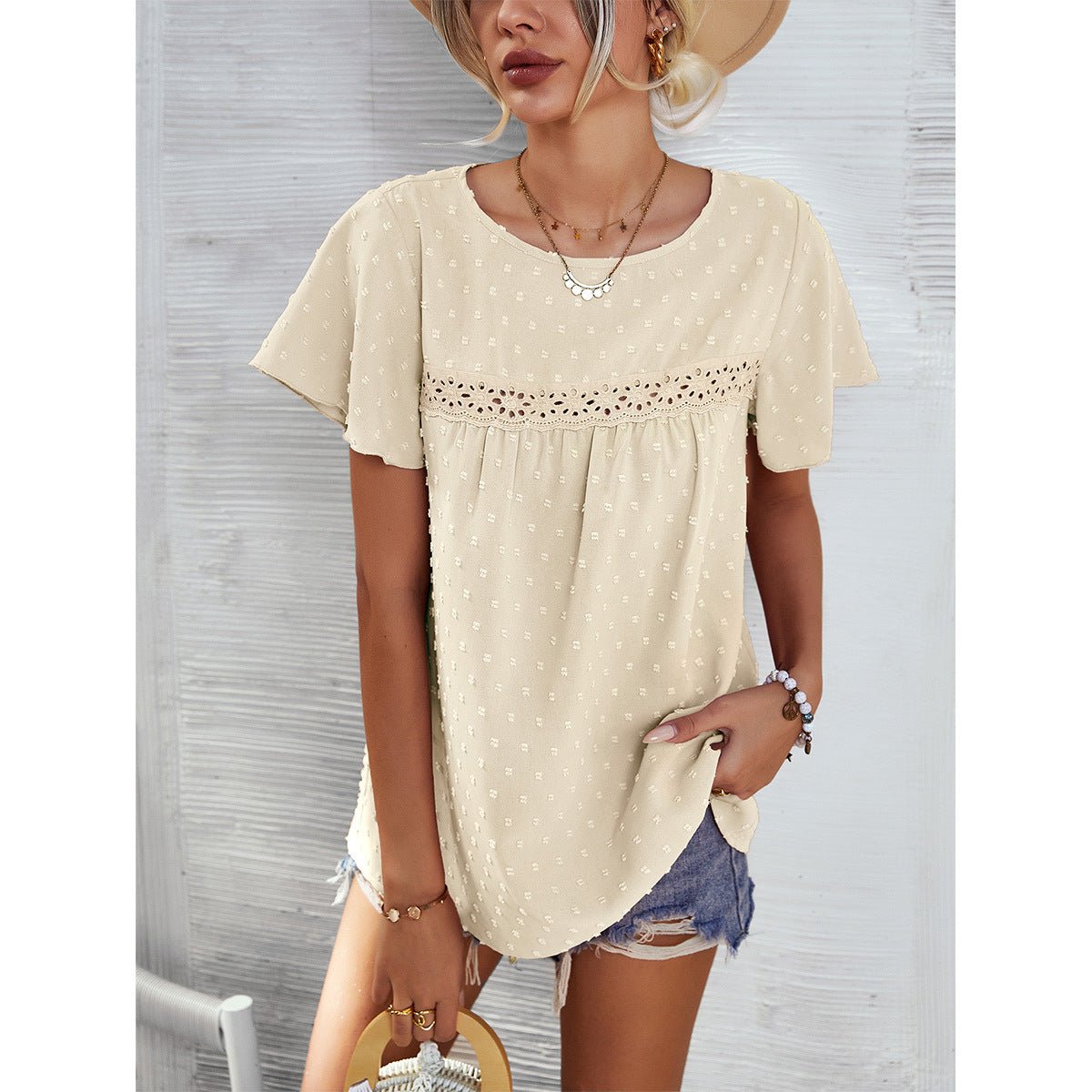 Short Sleeve Summer Tops Blouse Solid Color Lace Babydoll Shirts - Taylor K Shop