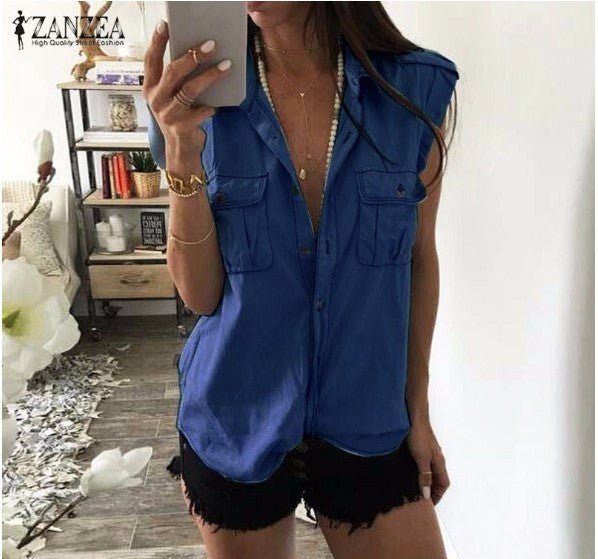Summer Women Vintage Buttons Pockets Blouses Sexy Sleeveless Jeans Denim Blue Shirts - Taylor K Shop