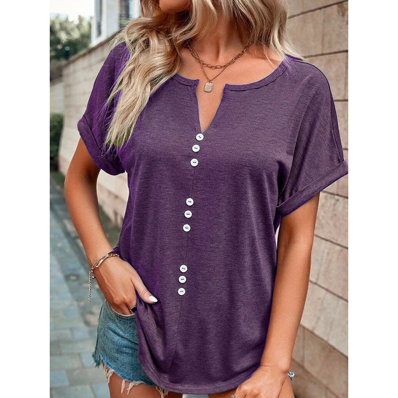 V - neck Short Sleeve Tops Shirt Summer Button Design Blouse - Taylor K Shop