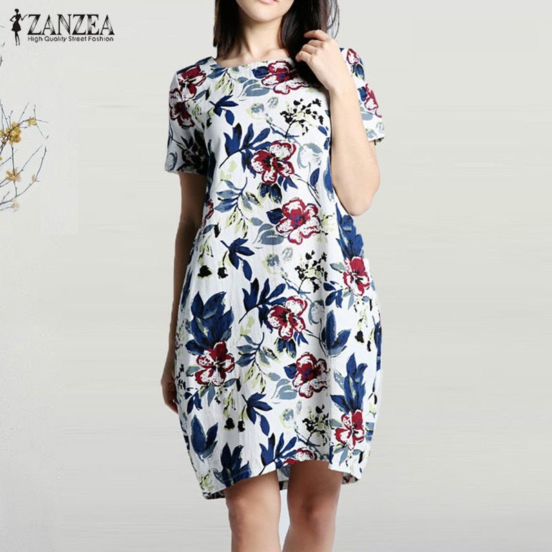2020 ZANZEA Summer Floral Printed Party Dress Women Casual Short Sleeve Pockets Loose Sundress Vintage Cotton Linen Vestido Robe - Taylor K Shop