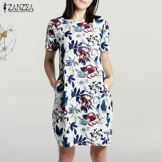 2020 ZANZEA Summer Floral Printed Party Dress Women Casual Short Sleeve Pockets Loose Sundress Vintage Cotton Linen Vestido Robe - Taylor K Shop