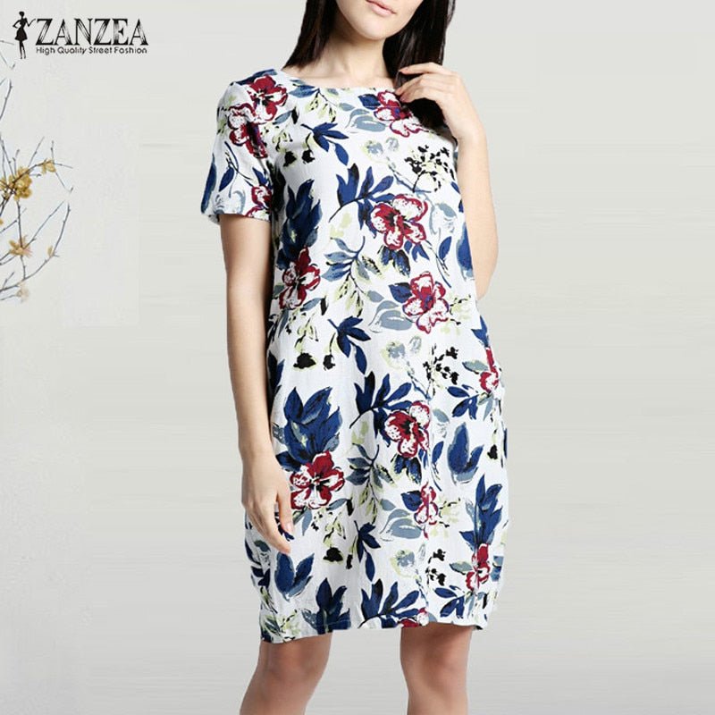 2020 ZANZEA Summer Floral Printed Party Dress Women Casual Short Sleeve Pockets Loose Sundress Vintage Cotton Linen Vestido Robe - Taylor K Shop