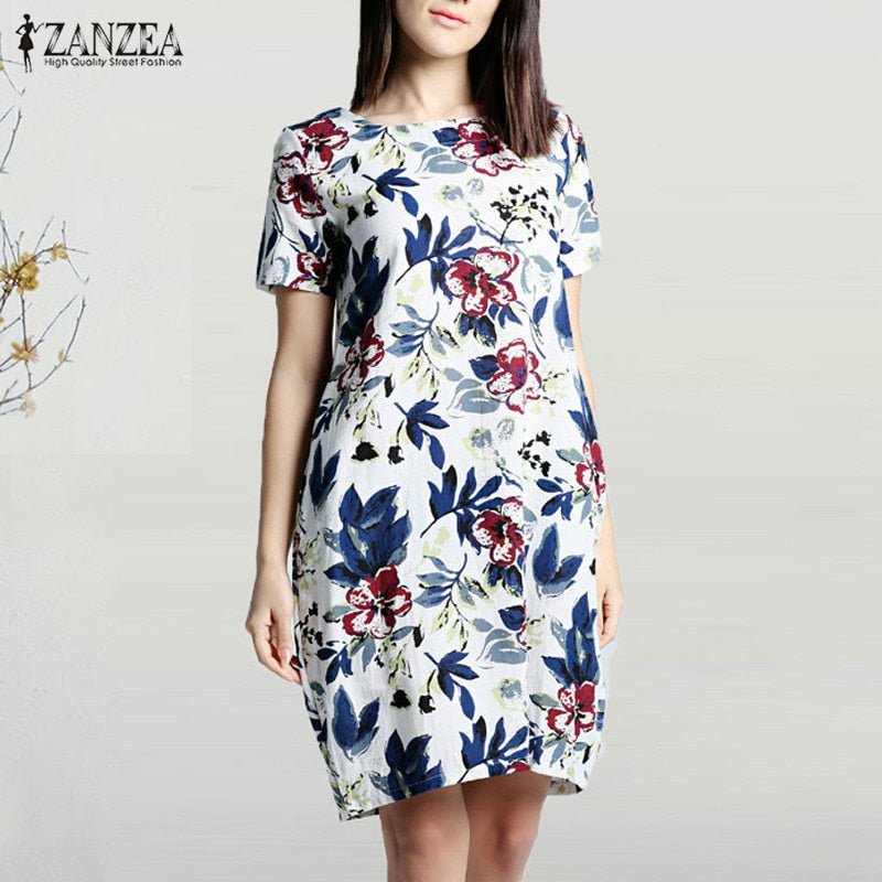 2020 ZANZEA Summer Floral Printed Party Dress Women Casual Short Sleeve Pockets Loose Sundress Vintage Cotton Linen Vestido Robe - Taylor K Shop