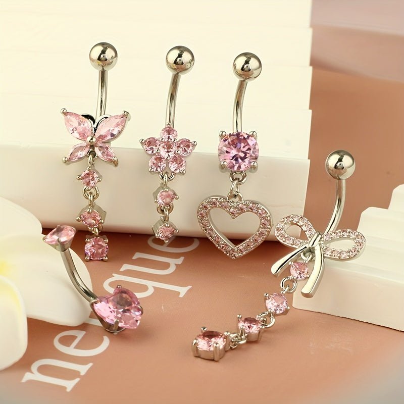 5Piece Pink Heart Gemstone Navel Ring Set - Taylor K Shop