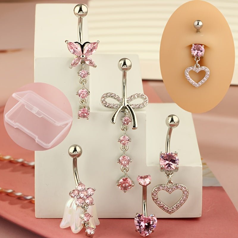 5Piece Pink Heart Gemstone Navel Ring Set - Taylor K Shop