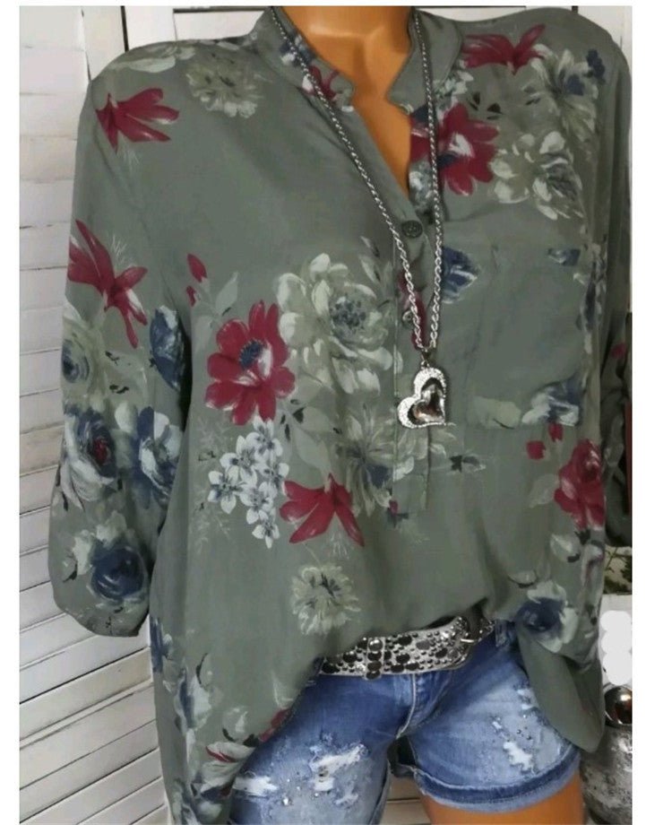 5XL Plus Size Summer Tops 2019 Women Blouses Long Sleeve Print Stand Collar Button Blouse Pullover Womens Clothing Shirt Blusa - Taylor K Shop