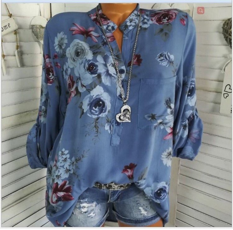 5XL Plus Size Summer Tops 2019 Women Blouses Long Sleeve Print Stand Collar Button Blouse Pullover Womens Clothing Shirt Blusa - Taylor K Shop