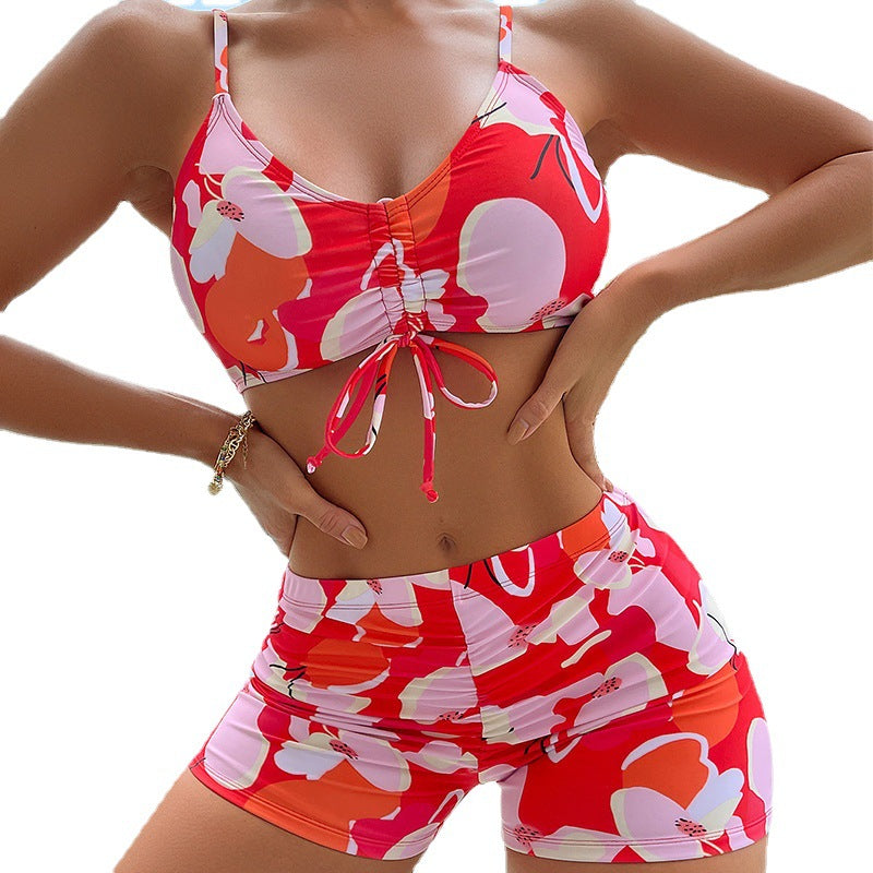 Printed Drawstring Shorts High Waist Bikini Swimsuit Swimwear