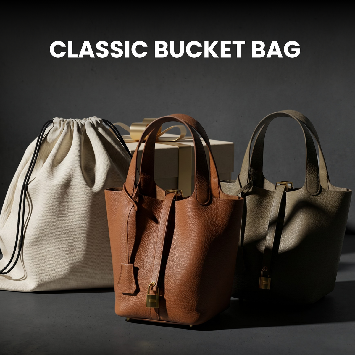 Leather Bucket Bag with Drawstring Pouch – Leather Satchel, Everyday Handbag with Mini Lock Design