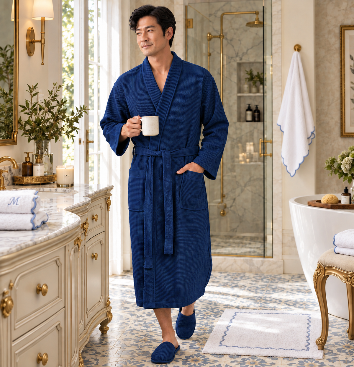 Waffle Spa Bathrobe for Men -  Absorbent, Lightweight