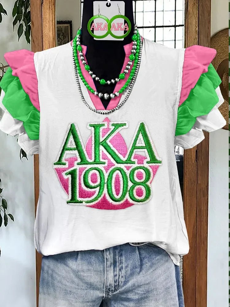 Alpha Kappa Alpha Embroidered Ruffle Sleeve Blouse - Taylor K Shop