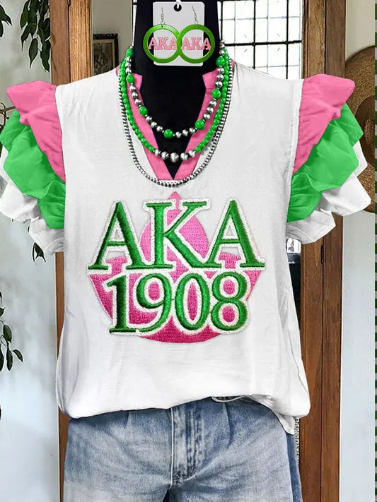 Alpha Kappa Alpha Embroidered Ruffle Sleeve Blouse - Taylor K Shop