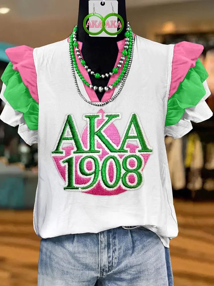 Alpha Kappa Alpha Embroidered Ruffle Sleeve Blouse - Taylor K Shop