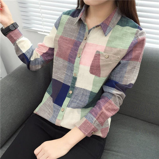 asual Plaid Women Blouses Kimono Vintage Linen Cotton Long Sleeve Blouse Female Shirts Tops - Taylor K Shop