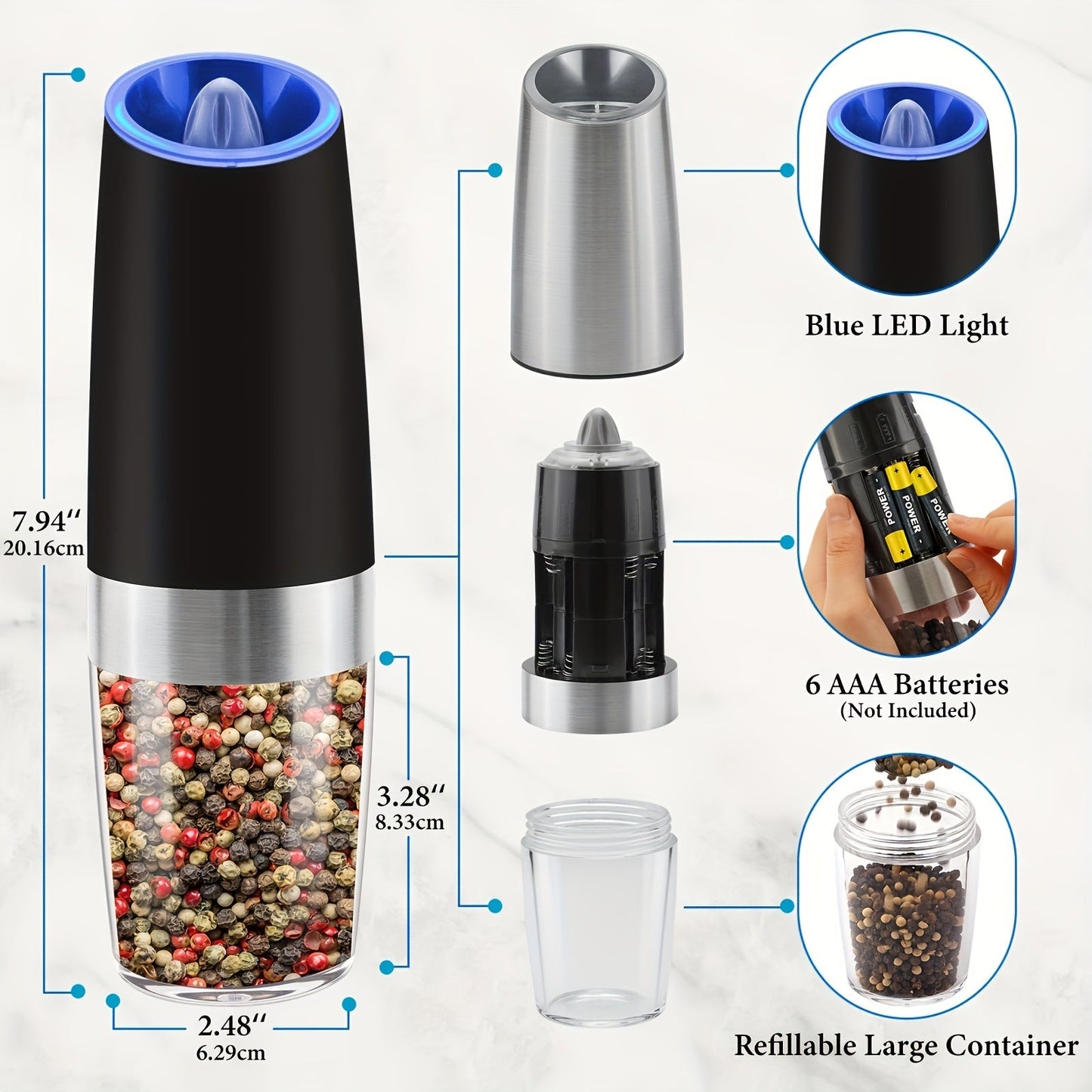 Automatic GravityPowered Salt Pepper Grinder with LED Light - Taylor K Shop