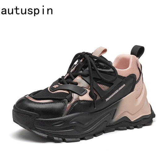 Autuspin New 6cm Genuine Leather Female Sneakers 2023 Spring Retro Mixed Colors Causal Shoes Ladies Chunky Lace - up Sneaker Woman - Taylor K Shop