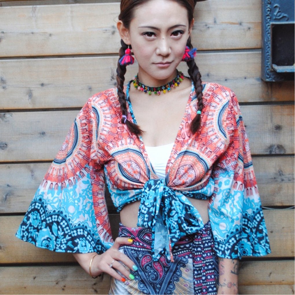 Beach Blouse Bohemian Island Ethnic Style Thailand Travel Vacation High Waist Tie Up Print Top Jacket Summer - Taylor K Shop