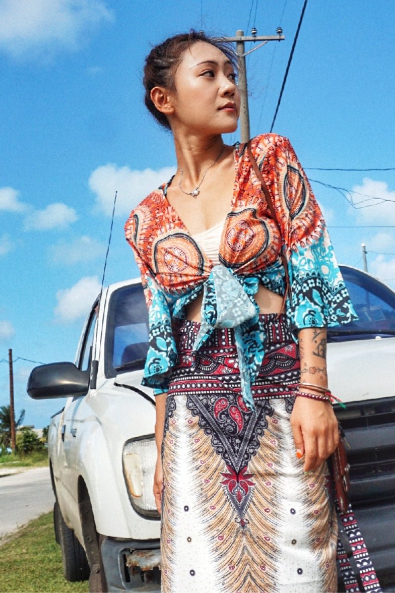 Beach Blouse Bohemian Island Ethnic Style Thailand Travel Vacation High Waist Tie Up Print Top Jacket Summer - Taylor K Shop