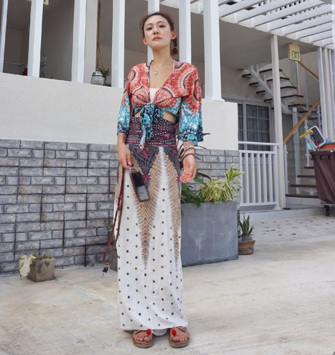 Beach Blouse Bohemian Island Ethnic Style Thailand Travel Vacation High Waist Tie Up Print Top Jacket Summer - Taylor K Shop