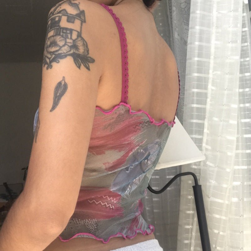 Beauty's New Mesh Print Blouse Stitching Collar Suspenders Summer - Taylor K Shop