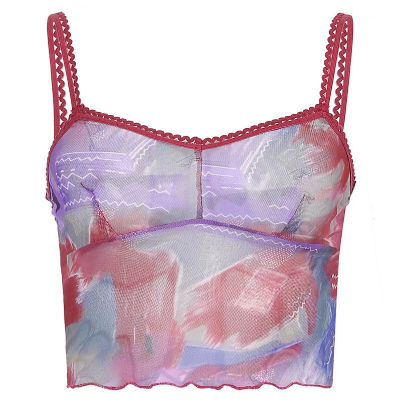 Beauty's New Mesh Print Blouse Stitching Collar Suspenders Summer - Taylor K Shop