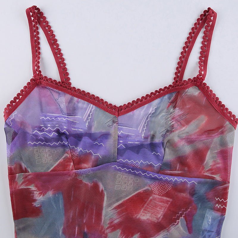 Beauty's New Mesh Print Blouse Stitching Collar Suspenders Summer - Taylor K Shop