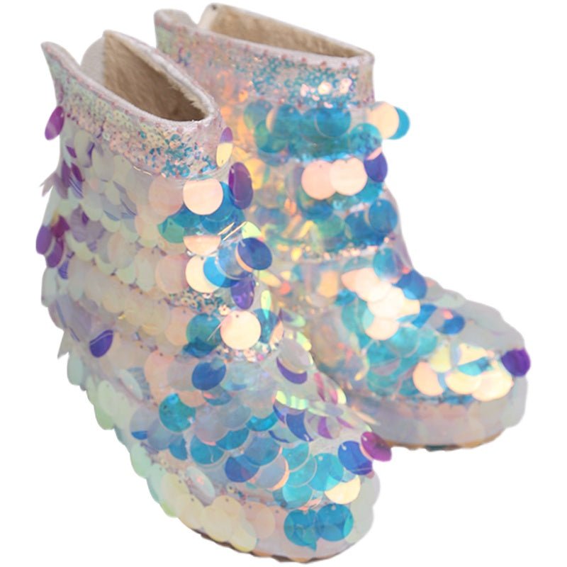 Big Sequin Short Boots Round Toe Back Zipper White Warm Fashion - Taylor K Shop