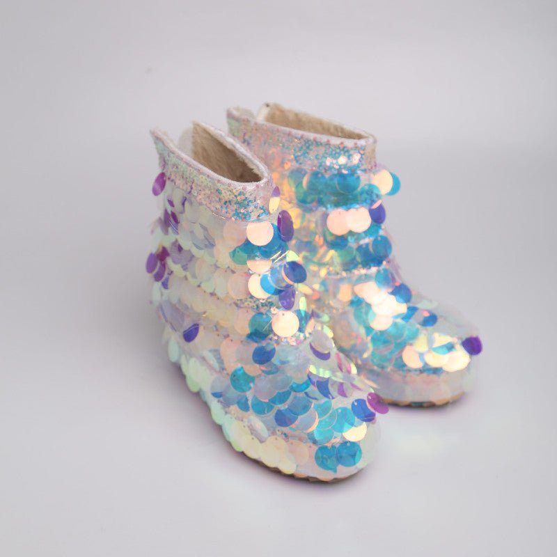 Big Sequin Short Boots Round Toe Back Zipper White Warm Fashion - Taylor K Shop
