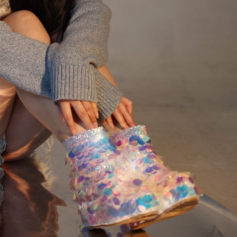 Big Sequin Short Boots Round Toe Back Zipper White Warm Fashion - Taylor K Shop