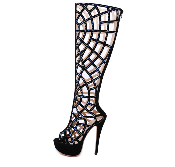 Black Shoes Sexy Hollow Out High Heels Boots - Taylor K Shop