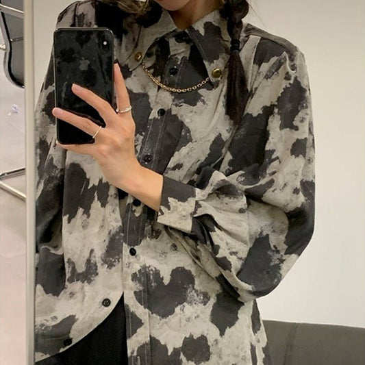 Blouse Long Sleeve Black Gray Color Block Leopard Shirt Button Up Chain Top Single - Breasted Womens Blouses Loose - Taylor K Shop