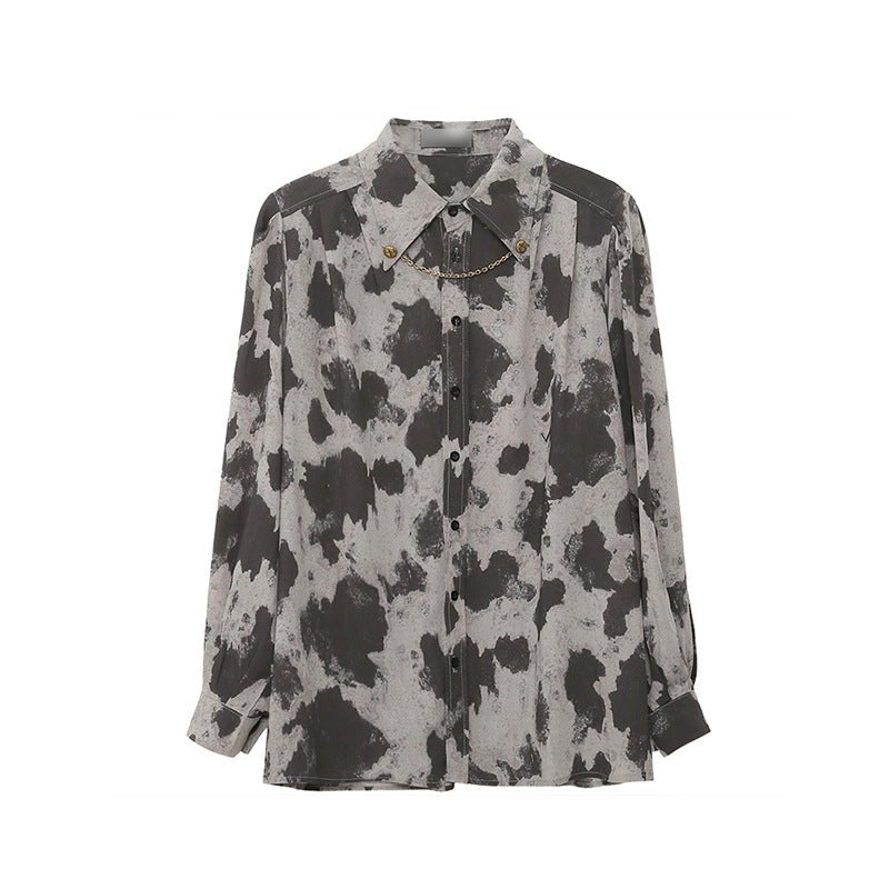 Blouse Long Sleeve Black Gray Color Block Leopard Shirt Button Up Chain Top Single - Breasted Womens Blouses Loose - Taylor K Shop