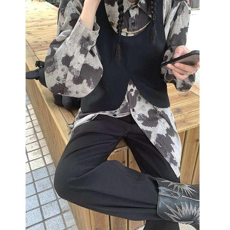 Blouse Long Sleeve Black Gray Color Block Leopard Shirt Button Up Chain Top Single - Breasted Womens Blouses Loose - Taylor K Shop