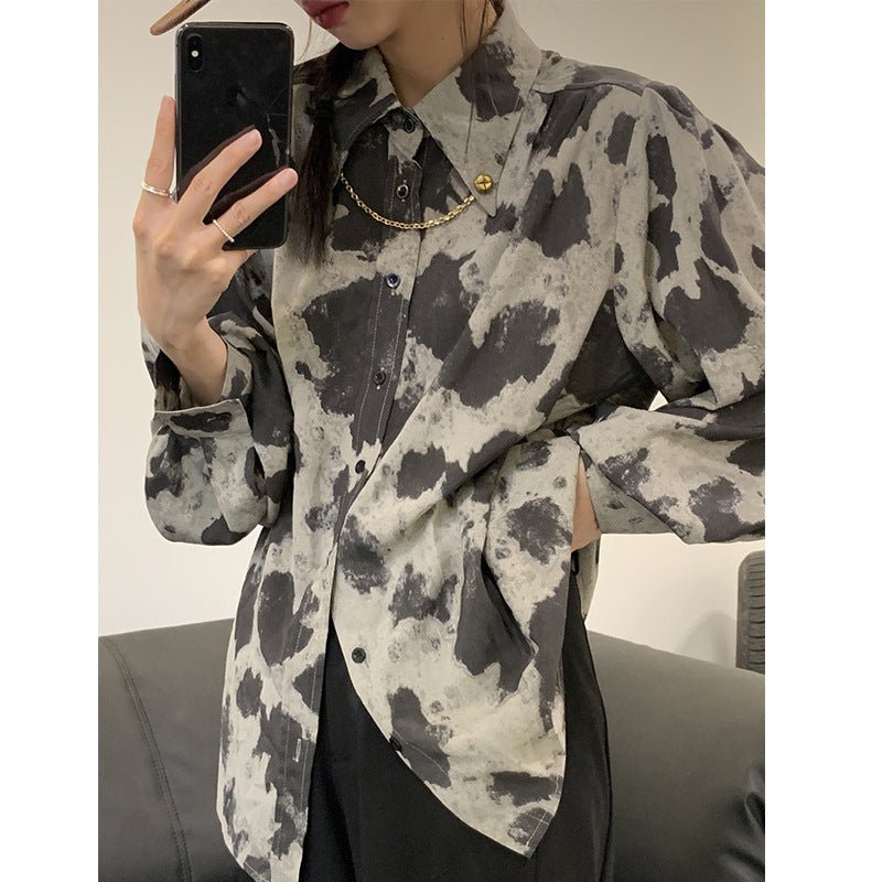 Blouse Long Sleeve Black Gray Color Block Leopard Shirt Button Up Chain Top Single - Breasted Womens Blouses Loose - Taylor K Shop