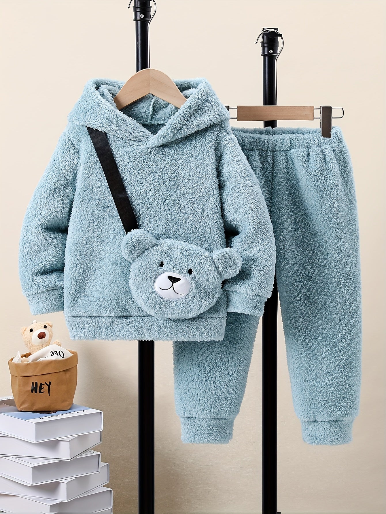 Boys 3pc Winter Set Plush Hoodie Joggers Bear Bag - Taylor K Shop