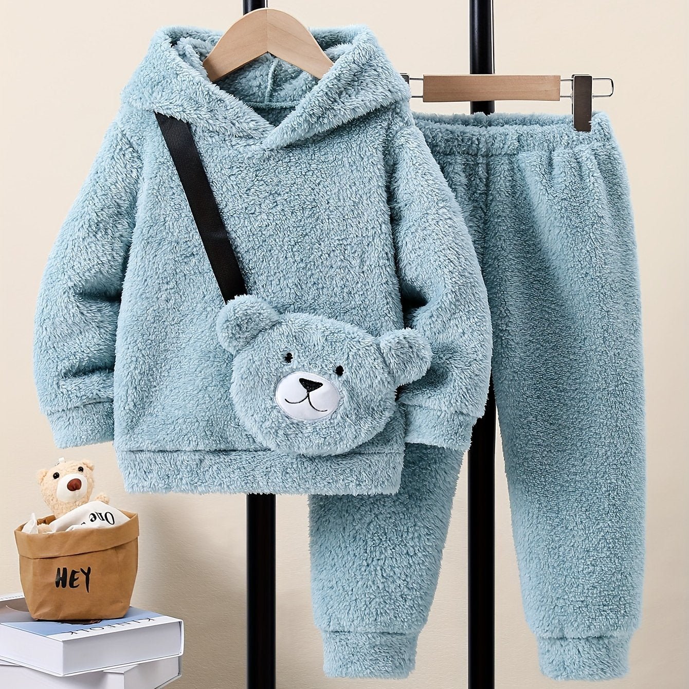 Boys 3pc Winter Set Plush Hoodie Joggers Bear Bag - Taylor K Shop