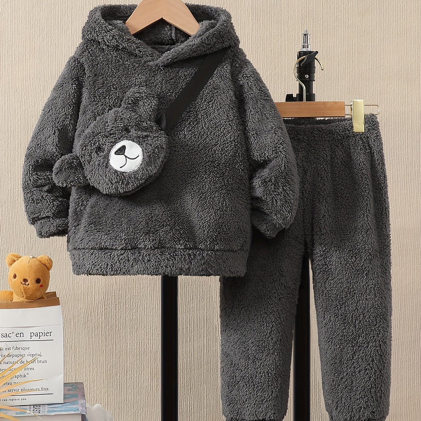 Boys Cozy Winter 3Piece Hoodie Pants Bear Bag Set - Taylor K Shop
