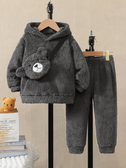 Boys Cozy Winter 3Piece Set Hoodie Top Pants Bear Bag - Taylor K Shop